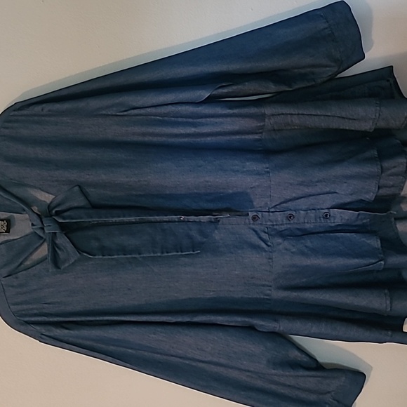 Ashley Stewart Blue Chambray V-neck Bow Tie Button-up Peplum Blouse Top Wmns 18 - Picture 7 of 13